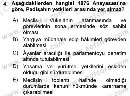 Türkiye´de Demokrasi Ve Parlamento Tarihi Dersi Ara Sınavı Deneme Sınav Soruları 4. Soru