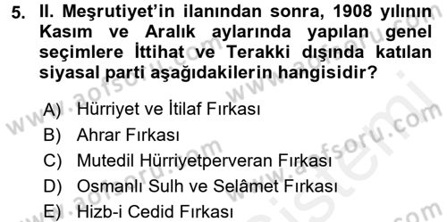 Türkiye´de Demokrasi Ve Parlamento Tarihi Dersi Ara Sınavı Deneme Sınav Soruları 5. Soru