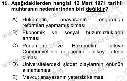 Türkiye´de Demokrasi Ve Parlamento Tarihi Dersi 2017 - 2018 Yılı (Final) Dönem Sonu Sınav Soruları 15. Soru