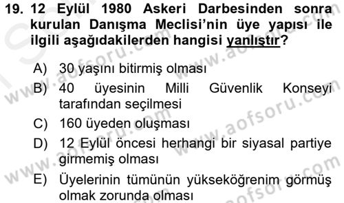 Türkiye´de Demokrasi Ve Parlamento Tarihi Dersi 2017 - 2018 Yılı (Final) Dönem Sonu Sınav Soruları 19. Soru