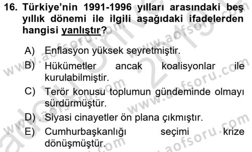 Türkiye´de Demokrasi Ve Parlamento Tarihi Dersi 2018 - 2019 Yılı 3 Ders Sınav Soruları 16. Soru