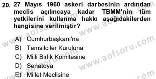 Türkiye´de Demokrasi Ve Parlamento Tarihi Dersi 2018 - 2019 Yılı 3 Ders Sınav Soruları 20. Soru