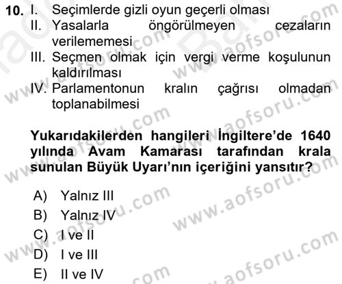Türkiye´de Demokrasi Ve Parlamento Tarihi Dersi Ara Sınavı Deneme Sınav Soruları 10. Soru