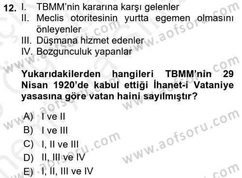 Türkiye´de Demokrasi Ve Parlamento Tarihi Dersi Ara Sınavı Deneme Sınav Soruları 12. Soru
