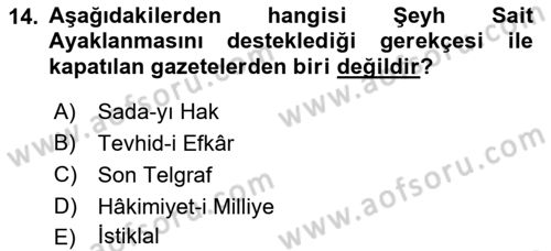 Türkiye´de Demokrasi Ve Parlamento Tarihi Dersi Ara Sınavı Deneme Sınav Soruları 14. Soru