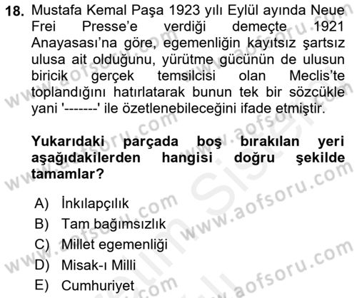 Türkiye´de Demokrasi Ve Parlamento Tarihi Dersi Ara Sınavı Deneme Sınav Soruları 18. Soru