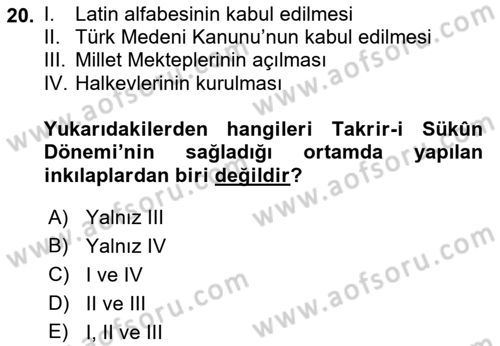 Türkiye´de Demokrasi Ve Parlamento Tarihi Dersi Ara Sınavı Deneme Sınav Soruları 20. Soru