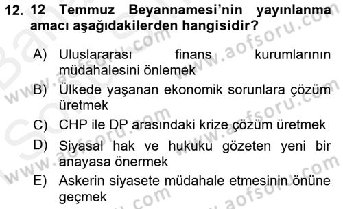 Türkiye´de Demokrasi Ve Parlamento Tarihi Dersi 2018 - 2019 Yılı (Final) Dönem Sonu Sınav Soruları 12. Soru