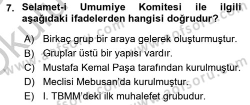 Türkiye´de Demokrasi Ve Parlamento Tarihi Dersi 2018 - 2019 Yılı Yaz Okulu Sınav Soruları 7. Soru