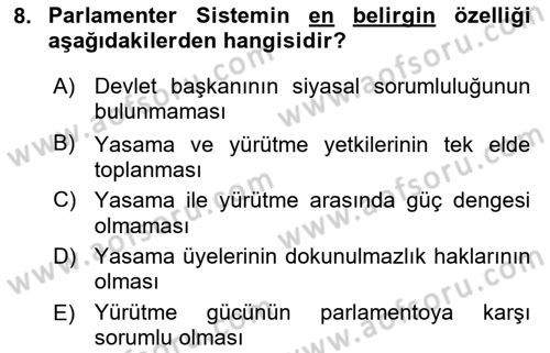 Türkiye´de Demokrasi Ve Parlamento Tarihi Dersi 2018 - 2019 Yılı Yaz Okulu Sınav Soruları 8. Soru