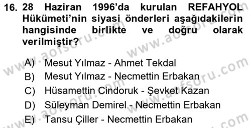 Türkiye´de Demokrasi Ve Parlamento Tarihi Dersi 2020 - 2021 Yılı Yaz Okulu Sınav Soruları 16. Soru