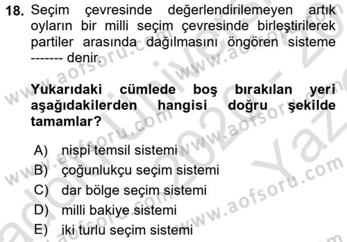 Türkiye´de Demokrasi Ve Parlamento Tarihi Dersi 2020 - 2021 Yılı Yaz Okulu Sınav Soruları 18. Soru