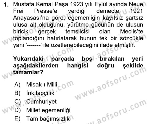 Türkiye´de Demokrasi Ve Parlamento Tarihi Dersi 2021 - 2022 Yılı (Vize) Ara Sınav Soruları 1. Soru