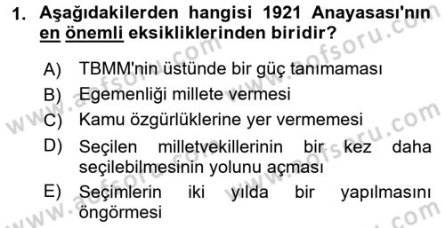Türkiye´de Demokrasi Ve Parlamento Tarihi Dersi 2021 - 2022 Yılı (Final) Dönem Sonu Sınav Soruları 1. Soru
