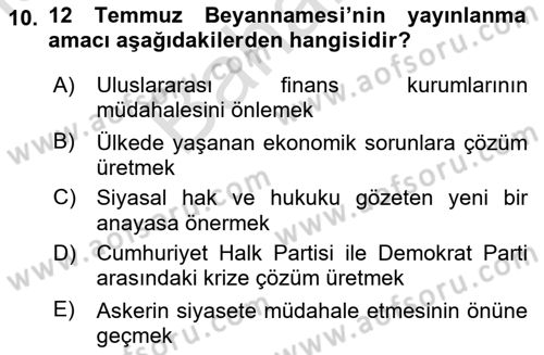 Türkiye´de Demokrasi Ve Parlamento Tarihi Dersi 2021 - 2022 Yılı (Final) Dönem Sonu Sınav Soruları 10. Soru