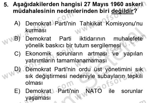 Türkiye´de Demokrasi Ve Parlamento Tarihi Dersi 2021 - 2022 Yılı (Final) Dönem Sonu Sınav Soruları 5. Soru