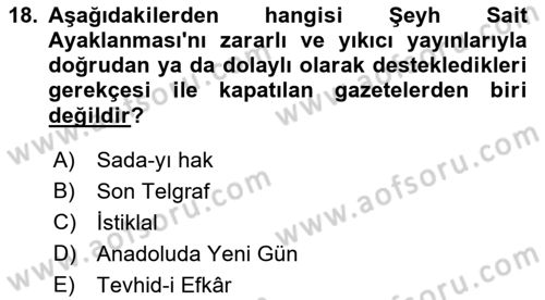 Türkiye´de Demokrasi Ve Parlamento Tarihi Dersi 2021 - 2022 Yılı Yaz Okulu Sınav Soruları 18. Soru