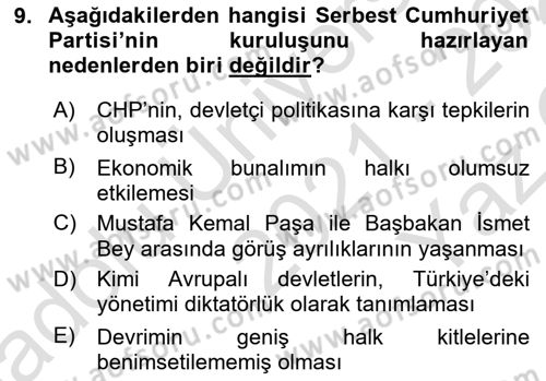 Türkiye´de Demokrasi Ve Parlamento Tarihi Dersi 2021 - 2022 Yılı Yaz Okulu Sınav Soruları 9. Soru
