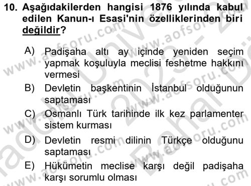 Türkiye´de Demokrasi Ve Parlamento Tarihi Dersi 2023 - 2024 Yılı (Vize) Ara Sınav Soruları 10. Soru