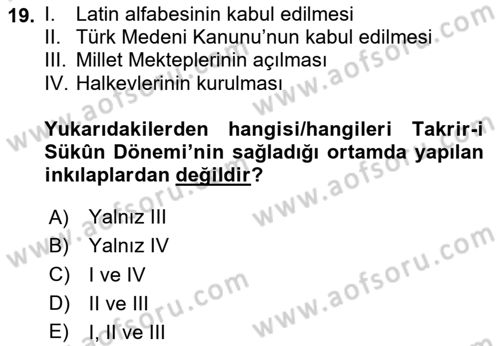 Türkiye´de Demokrasi Ve Parlamento Tarihi Dersi 2023 - 2024 Yılı (Vize) Ara Sınav Soruları 19. Soru