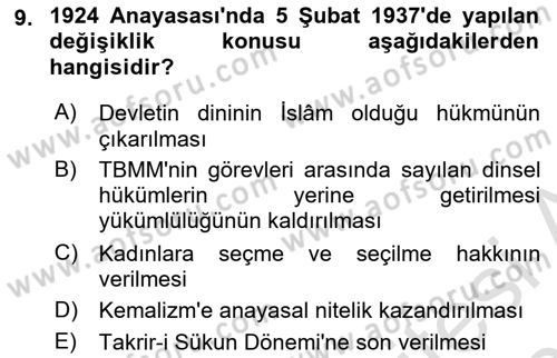 Türkiye´de Demokrasi Ve Parlamento Tarihi Dersi 2023 - 2024 Yılı (Vize) Ara Sınav Soruları 9. Soru
