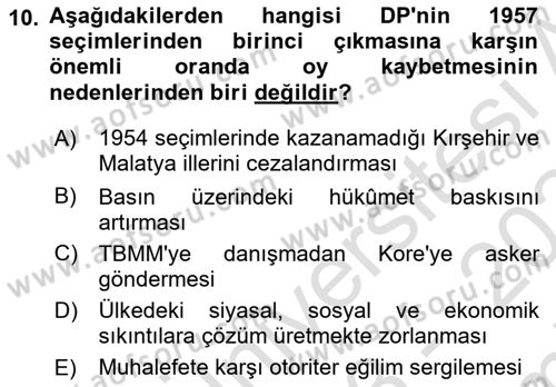 Türkiye´de Demokrasi Ve Parlamento Tarihi Dersi 2023 - 2024 Yılı (Final) Dönem Sonu Sınav Soruları 10. Soru