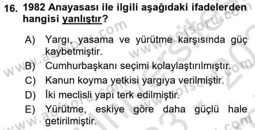 Türkiye´de Demokrasi Ve Parlamento Tarihi Dersi 2023 - 2024 Yılı (Final) Dönem Sonu Sınav Soruları 16. Soru