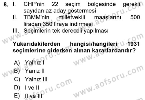 Türkiye´de Demokrasi Ve Parlamento Tarihi Dersi 2023 - 2024 Yılı (Final) Dönem Sonu Sınav Soruları 8. Soru