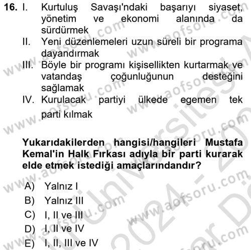 Türkiye´de Demokrasi Ve Parlamento Tarihi Dersi 2024 - 2025 Yılı (Vize) Ara Sınav Soruları 16. Soru