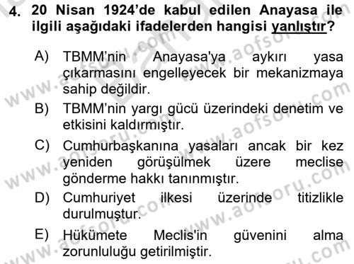 Türkiye´de Demokrasi Ve Parlamento Tarihi Dersi 2024 - 2025 Yılı (Final) Dönem Sonu Sınav Soruları 4. Soru