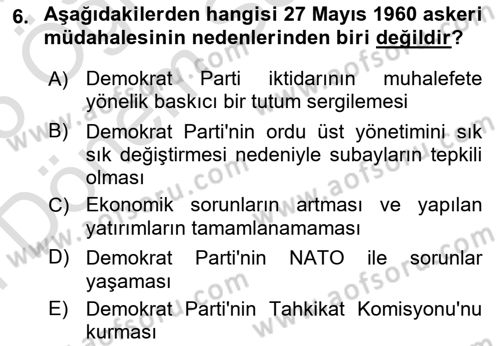 Türkiye´de Demokrasi Ve Parlamento Tarihi Dersi 2024 - 2025 Yılı (Final) Dönem Sonu Sınav Soruları 6. Soru