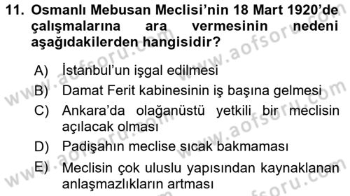 Türkiye´de Demokrasi Ve Parlemento Tarihi Dersi 2023 - 2024 Yılı (Vize) Ara Sınavı 11. Soru