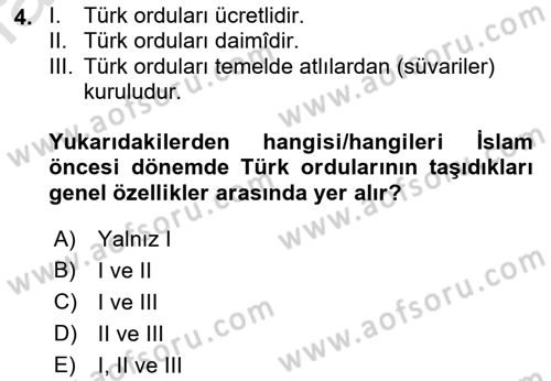 Türk Askeri Teşkilat Tarihi Dersi Ara Sınavı Deneme Sınav Soruları 4. Soru