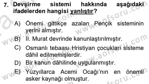 Türk Askeri Teşkilat Tarihi Dersi Ara Sınavı Deneme Sınav Soruları 7. Soru