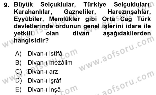 Türk Askeri Teşkilat Tarihi Dersi Ara Sınavı Deneme Sınav Soruları 9. Soru