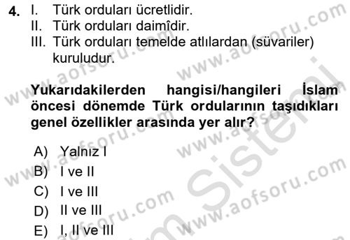 Türk Askeri Teşkilat Tarihi Dersi Ara Sınavı Deneme Sınav Soruları 4. Soru