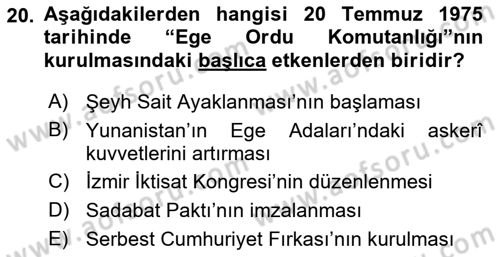 Türk Askeri Teşkilat Tarihi Dersi 2023 - 2024 Yılı (Final) Dönem Sonu Sınav Soruları 20. Soru