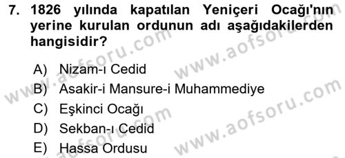 Türk Askeri Teşkilat Tarihi Dersi 2023 - 2024 Yılı Yaz Okulu Sınav Soruları 7. Soru