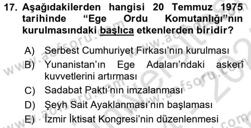 Türk Askeri Teşkilat Tarihi Dersi 2024 - 2025 Yılı (Final) Dönem Sonu Sınav Soruları 17. Soru