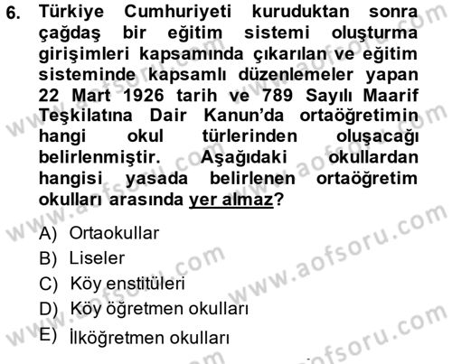 Türk Eğitim Tarihi Dersi 2013 - 2014 Yılı (Final) Dönem Sonu Sınavı 6. Soru