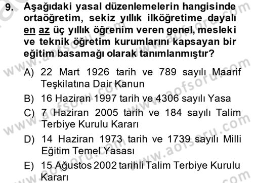 Türk Eğitim Tarihi Dersi 2013 - 2014 Yılı Tek Ders Sınavı 9. Soru