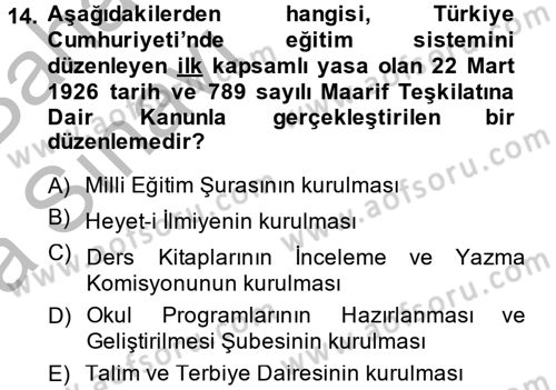 Türk Eğitim Tarihi Dersi 2014 - 2015 Yılı (Vize) Ara Sınavı 14. Soru