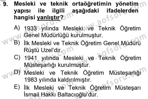 Türk Eğitim Tarihi Dersi 2014 - 2015 Yılı (Final) Dönem Sonu Sınavı 9. Soru