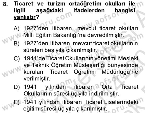 Türk Eğitim Tarihi Dersi 2014 - 2015 Yılı Tek Ders Sınavı 8. Soru