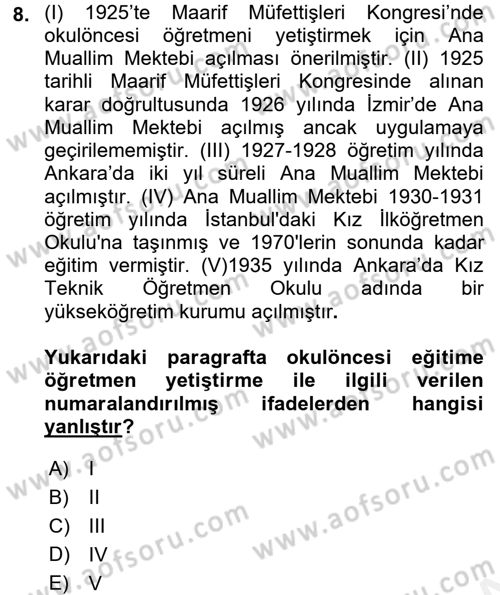 Türk Eğitim Tarihi Dersi 2015 - 2016 Yılı (Vize) Ara Sınavı 8. Soru