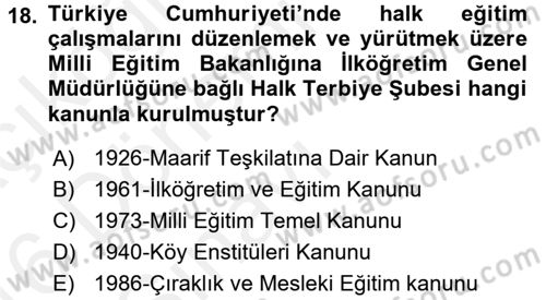 Türk Eğitim Tarihi Dersi 2015 - 2016 Yılı Tek Ders Sınavı 18. Soru