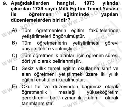 Türk Eğitim Tarihi Dersi 2015 - 2016 Yılı Tek Ders Sınavı 9. Soru