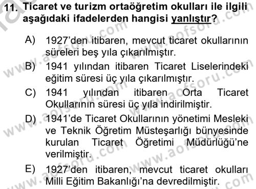 Türk Eğitim Tarihi Dersi 2016 - 2017 Yılı 3 Ders Sınavı 11. Soru