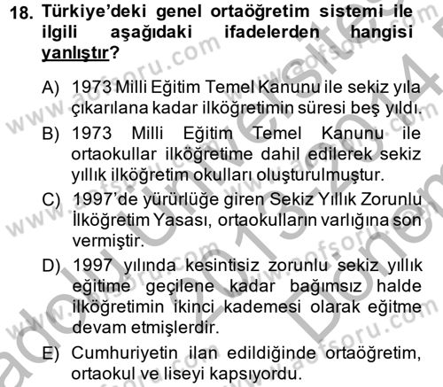 Eğitim Tarihi Dersi 2013 - 2014 Yılı (Final) Dönem Sonu Sınav Soruları 18. Soru