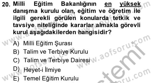 Eğitim Tarihi Dersi 2013 - 2014 Yılı (Final) Dönem Sonu Sınav Soruları 20. Soru